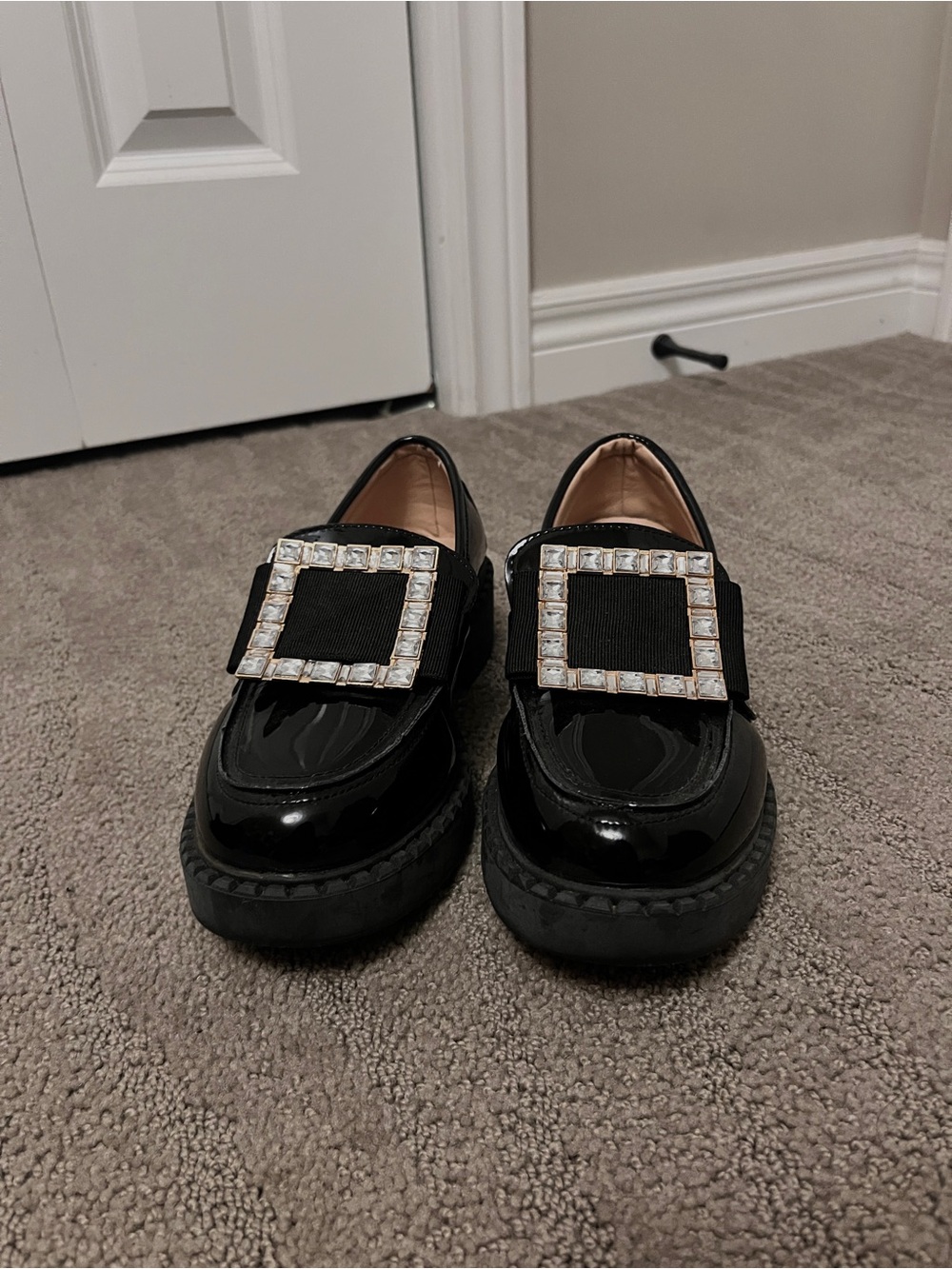 Black Patent Loafers with Rhinestone Buckle